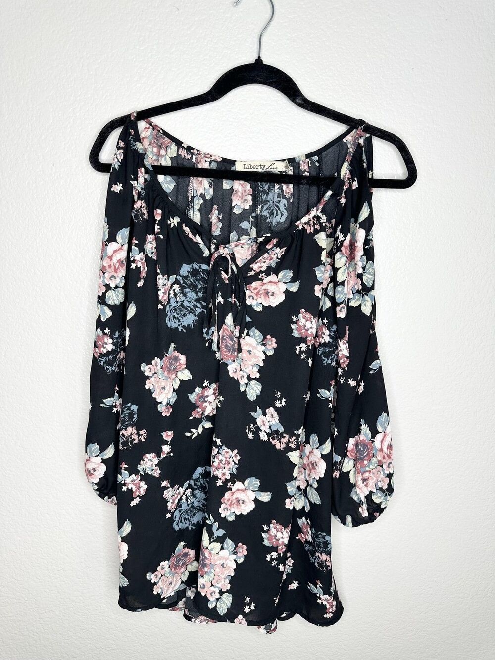 Liberty Love Shirt Womens XL Black Floral Peasant Off Shoulder Tie Front Blouse